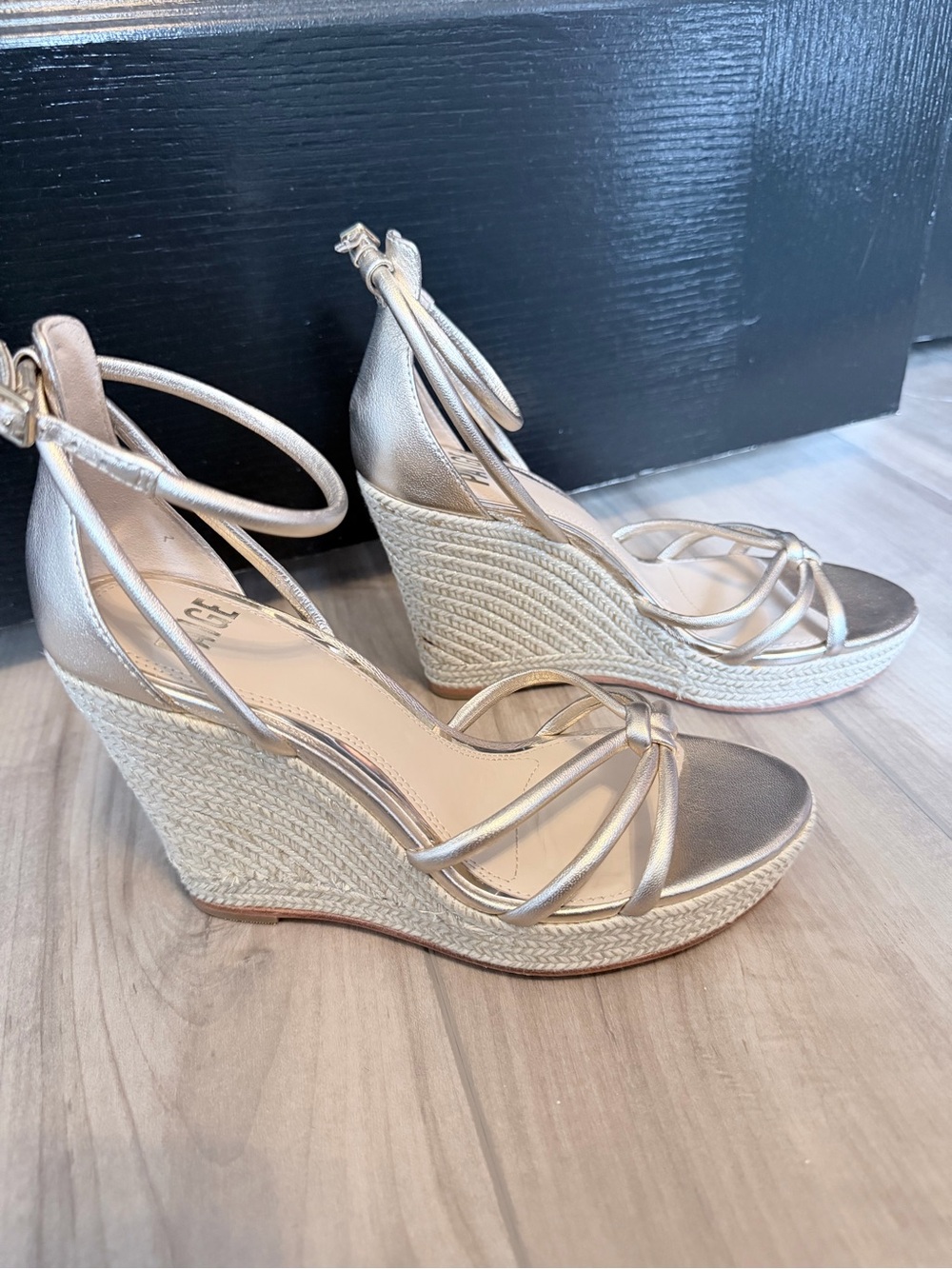 PAIGE Metallic Gold Espadrille Wedge Sandals with Ankle Strap - Picture 2 of 13
